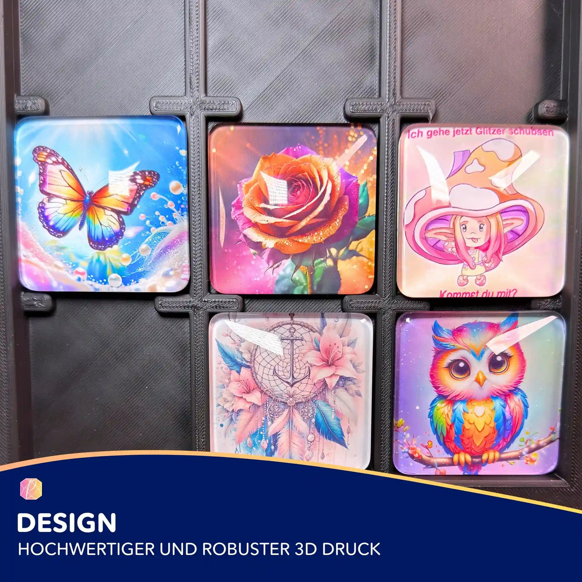 Schwarzes 3D Coverminder Brett mit quadratischen Diamond Painting Magneten mit Schmetterling, Rose und Eulen Motiv