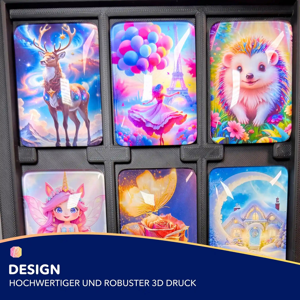 3D Coverminder Brett mit 6 bunten rechteckigen Diamond Painting Covermindern in praktischen Aufbewahrungsfächern