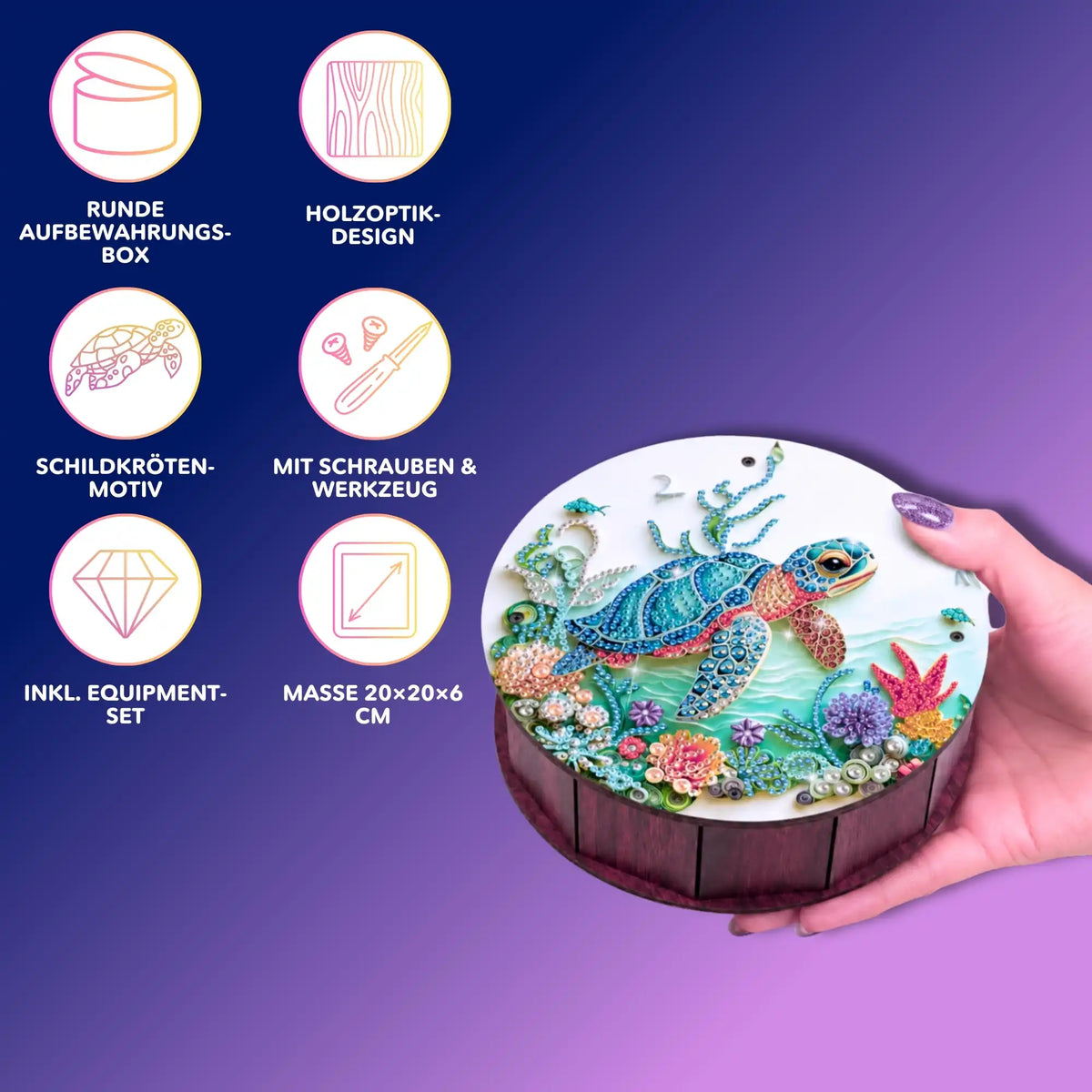 Runde Diamond Painting Aufbewahrungsbox mit Schildkröten-Motiv, Holzoptik und buntem Unterwasser-Design für Zubehör.