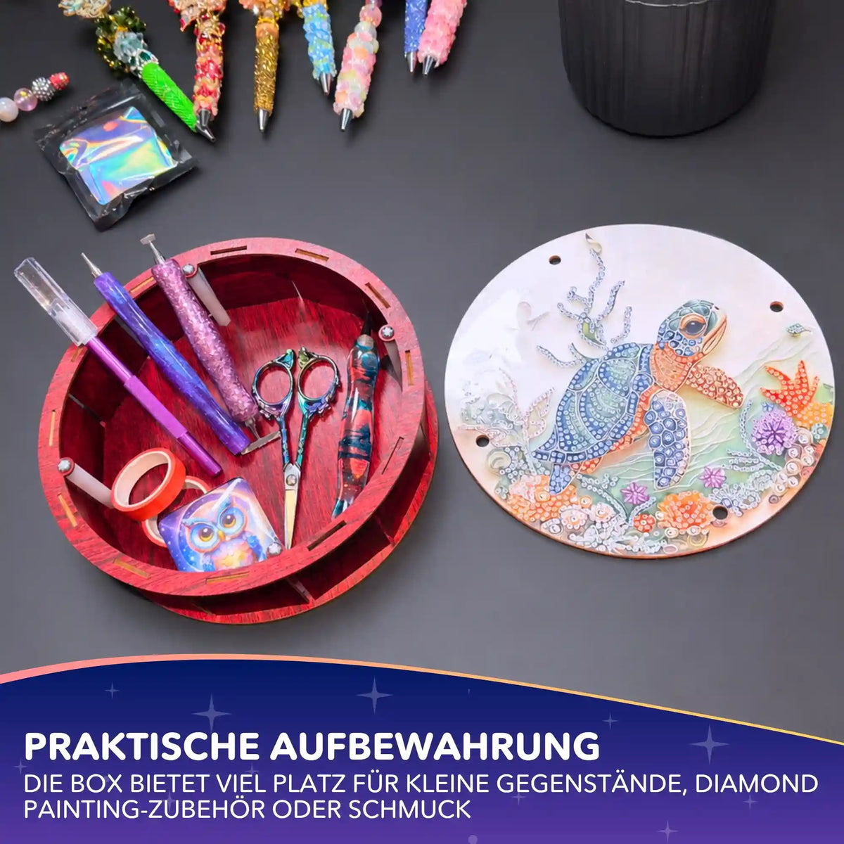 Diamond Painting Aufbewahrungsbox mit Schildkröten-Motiv, gefüllt mit Bastelzubehör und Glitzersteinen