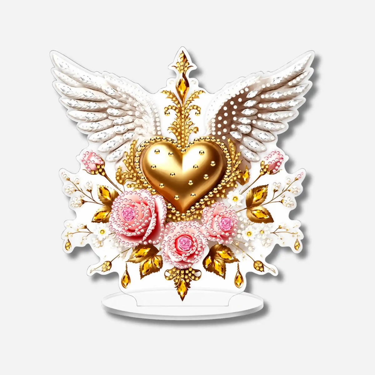 Diamond Painting Aufsteller Herz mit Engelsflügeln und Blumen aus glitzernden Steinen als dekoratives DIY-Set
