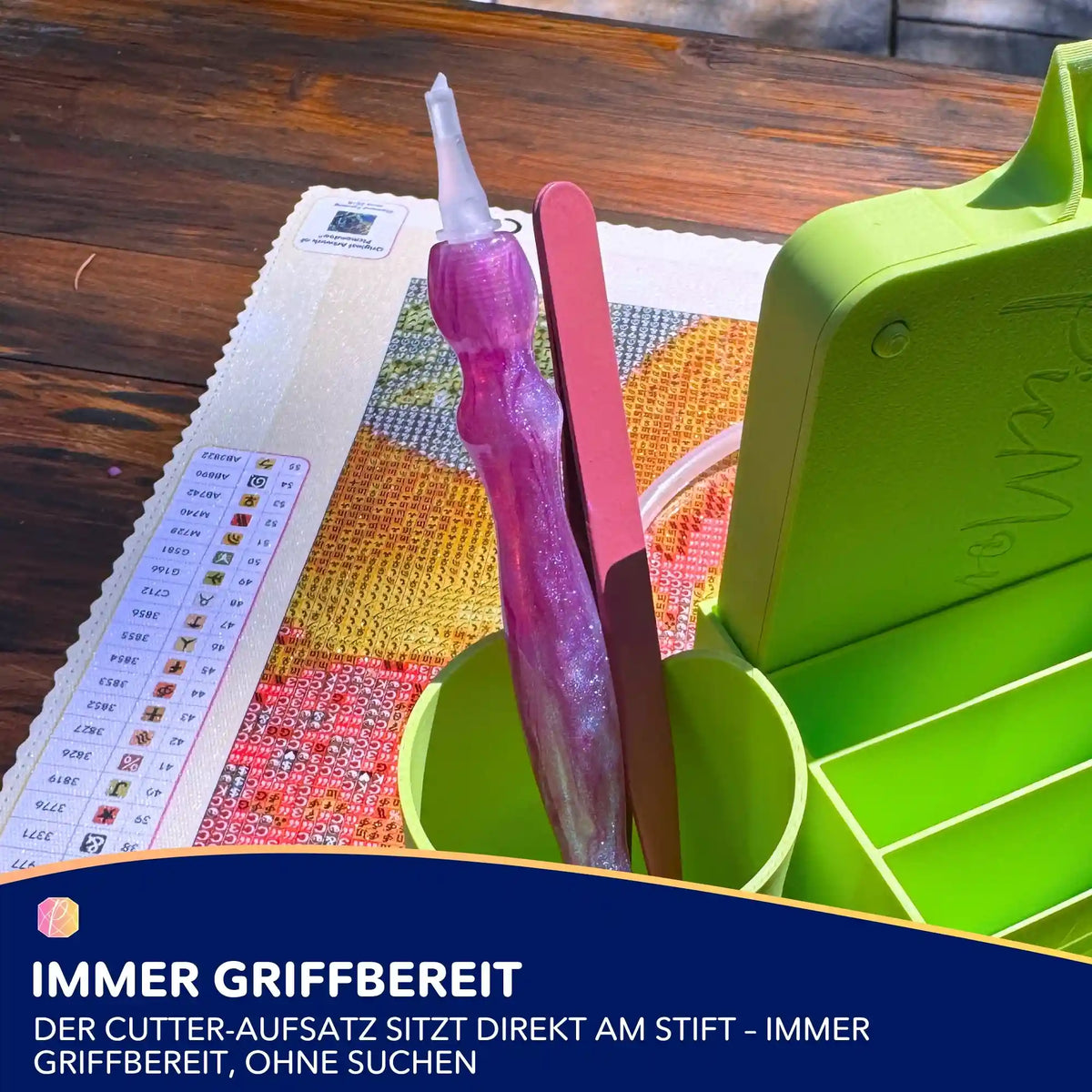 Praktischer Diamond Painting Cutter Stiftaufsatz zum Schneiden der Schutzfolie auf einer Leinwand