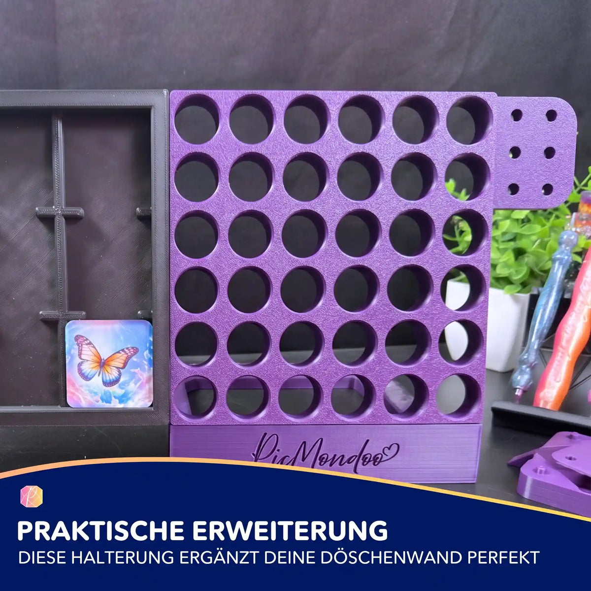 Lila 3D-gedruckte Halterung für Diamond Painting Aufsätze zur Erweiterung der Picmondoo Döschenwand
