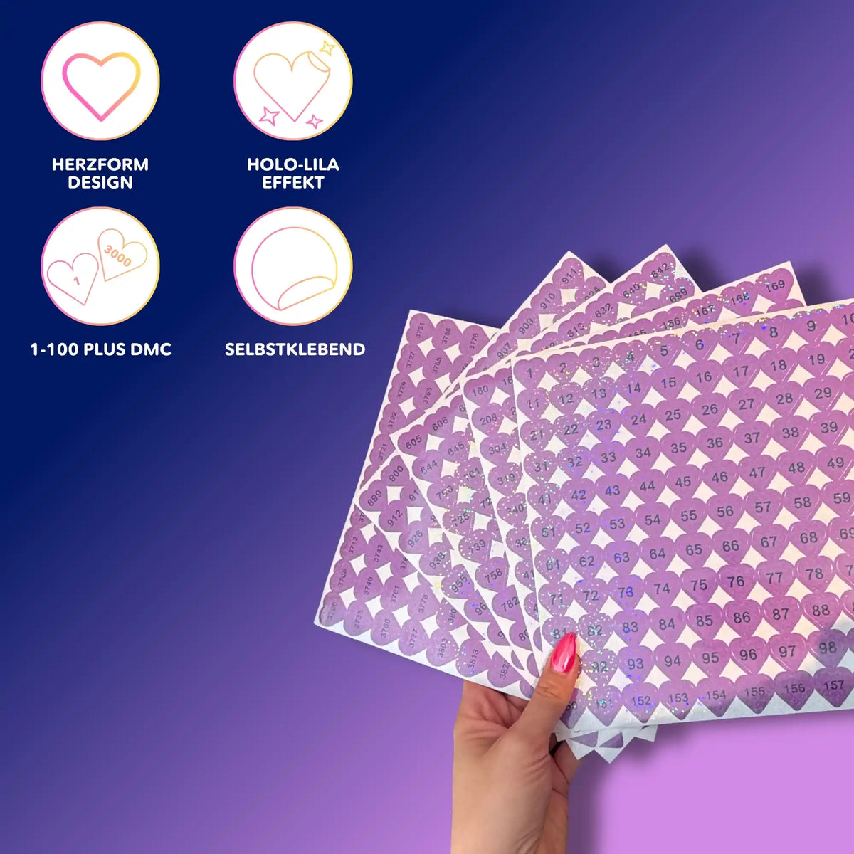 Holografische lila Herz-Sticker mit DMC-Nummern als Diamond Painting Zubehör zur Aufbewahrung