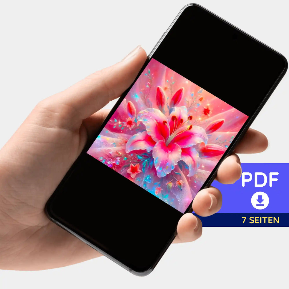 Digitale PDF-Bildmappe mit Zarte Lilie Motiv für Diamond Painting oder Malen nach Zahlen auf einem Smartphone angezeigt
