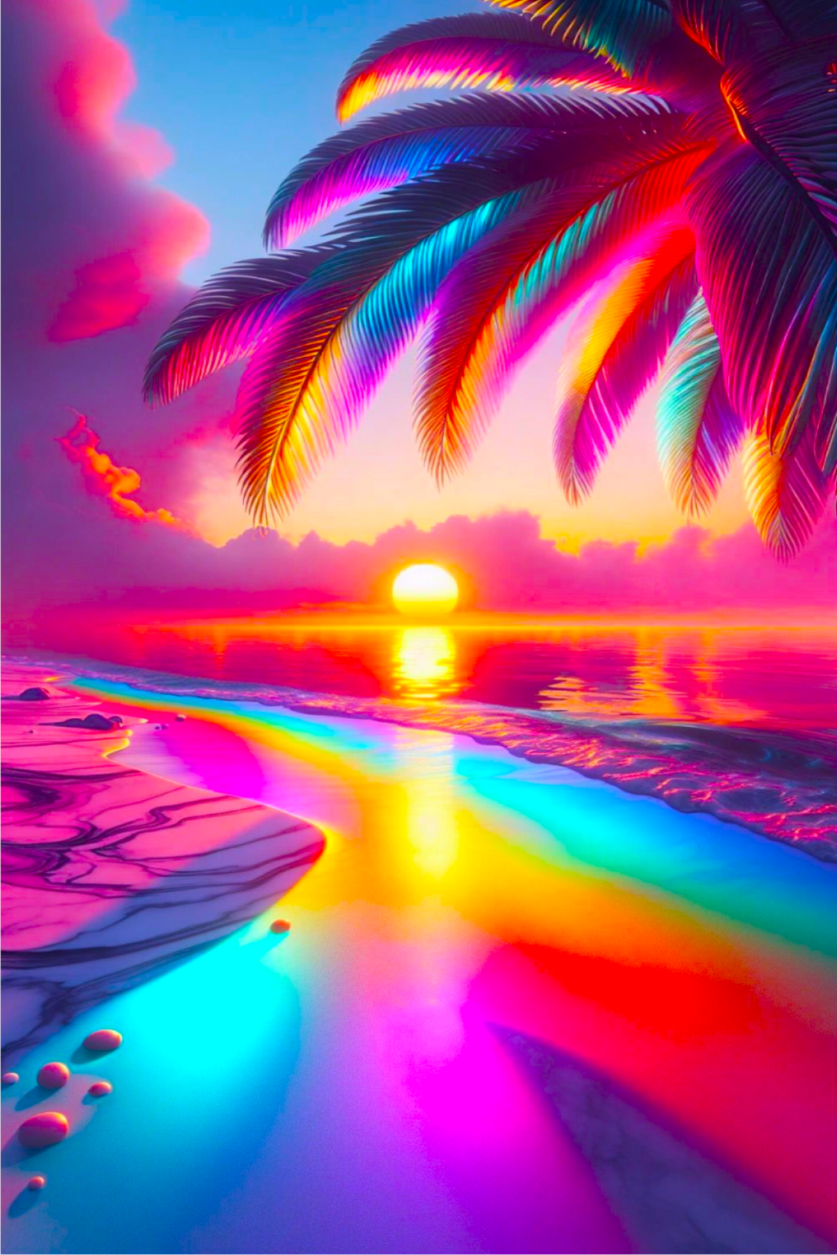 Diamond Painting Set Zauberstrand mit bunter Palme, leuchtendem Sonnenuntergang am Meer und glitzernden Details