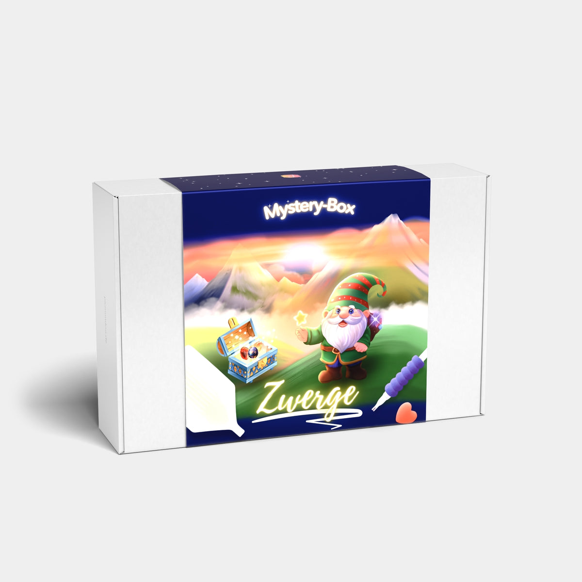 Diamond Painting Mystery-Box Zwerge mit märchenhaftem Zwergen-Motiv und Bastelzubehör für kreative DIY-Projekte.