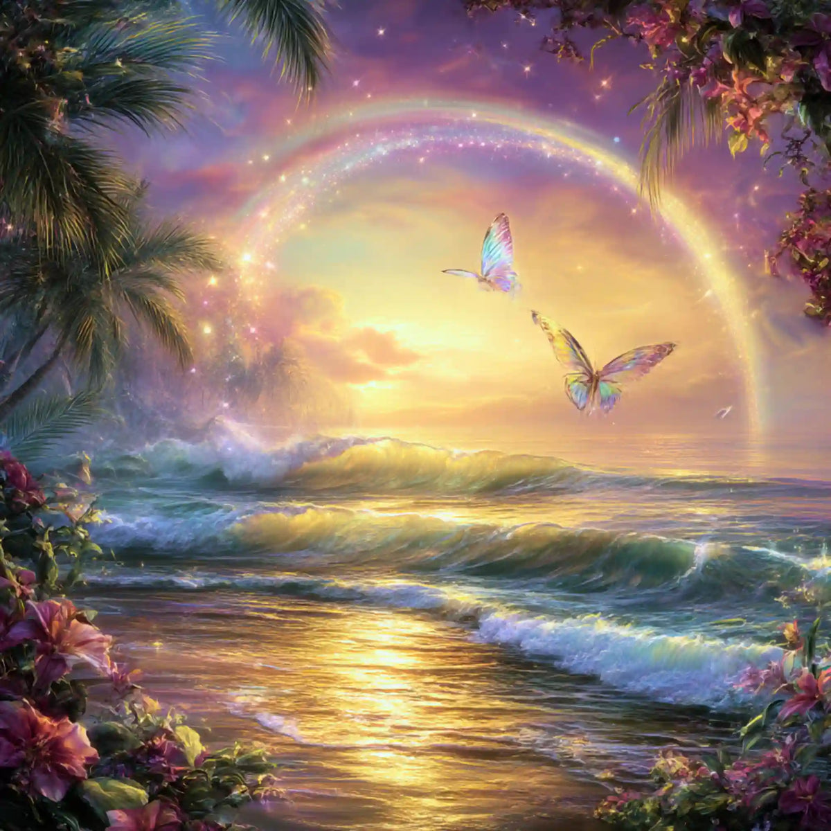 Diamond Painting Set Zwischen Himmel und Meer mit Regenbogen, Schmetterlingen, Palmen und Wellen am tropischen Strand.