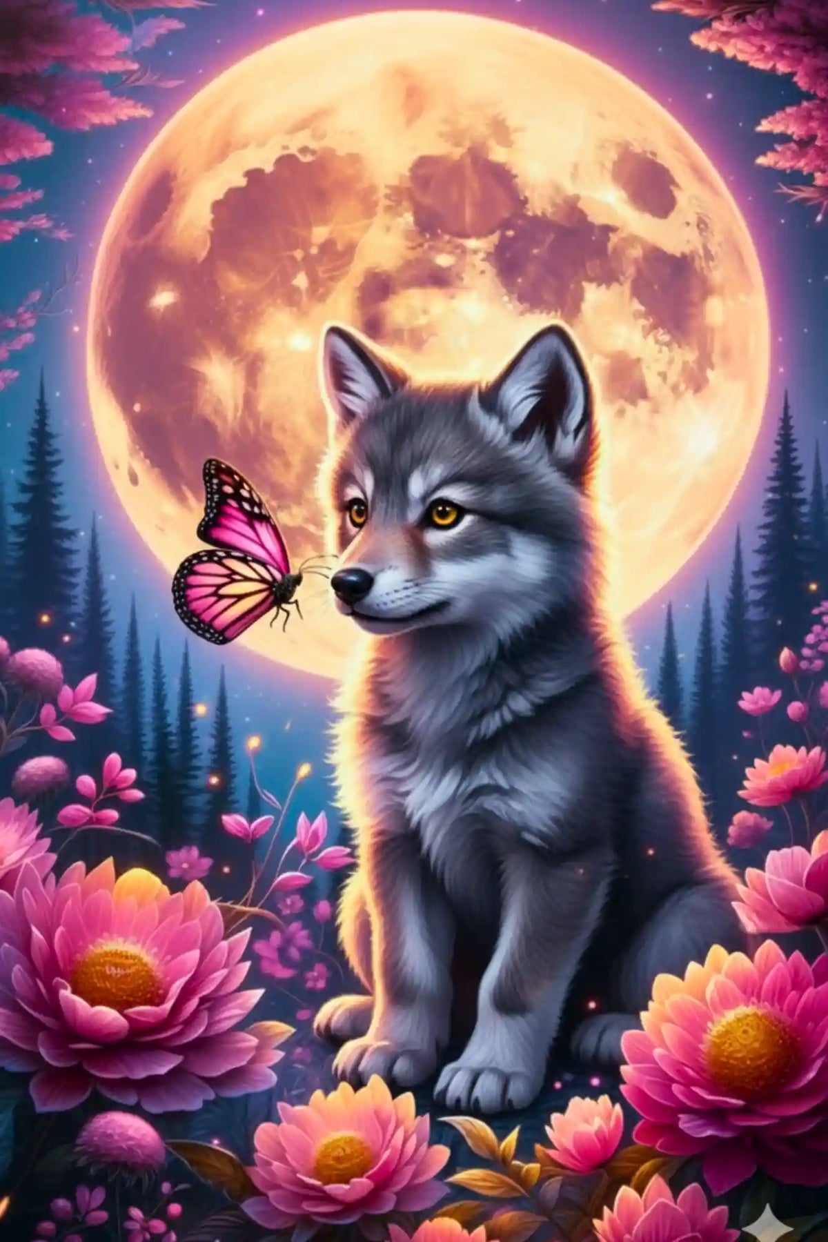 Diamond Painting Set mit magischem Wolf, rosa Blumen und Schmetterling vor einem leuchtenden Vollmond.