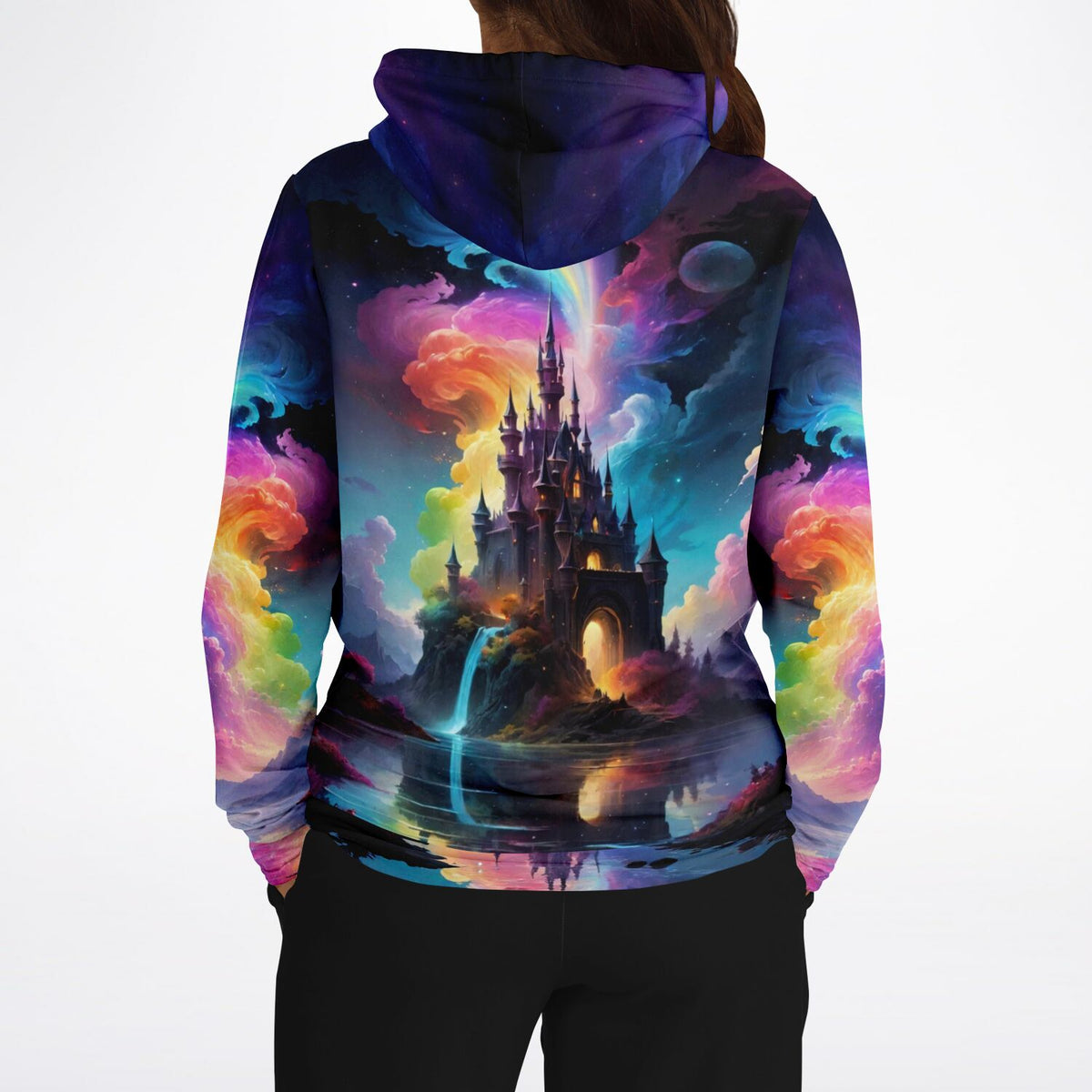 Hoodie mit buntem Zauberschloss Motiv, inspiriert durch farbenfrohe Kunststile wie Diamond Painting und Malen nach Zahlen