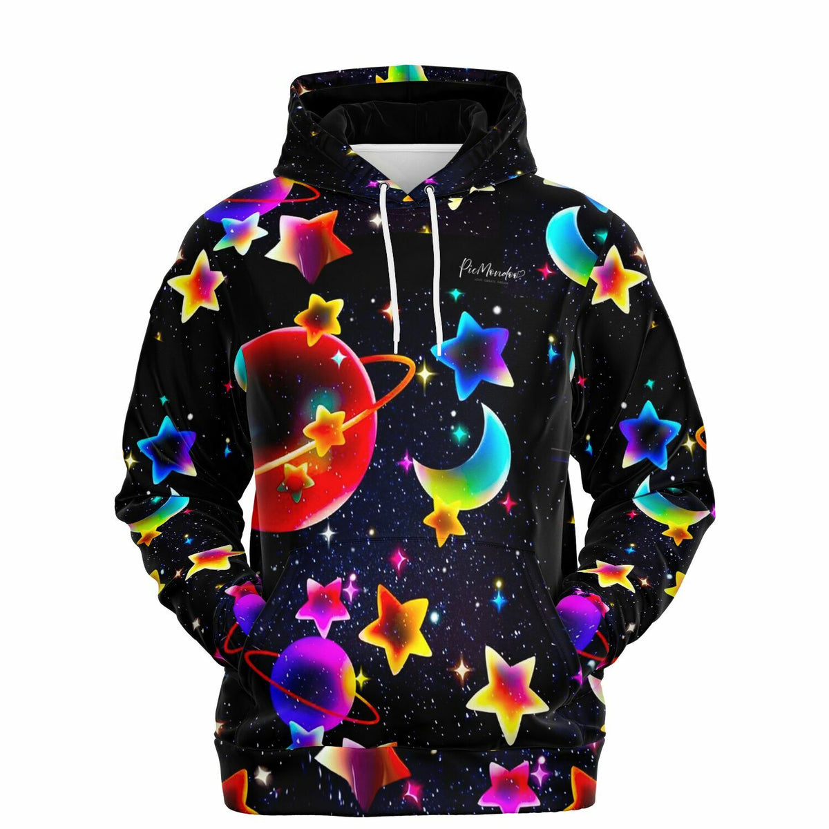 Bequemer Kinder Hoodie mit buntem Weltraum-Motiv, Sternen, Planeten und Mond im farbenfrohen Galaxie-Design.