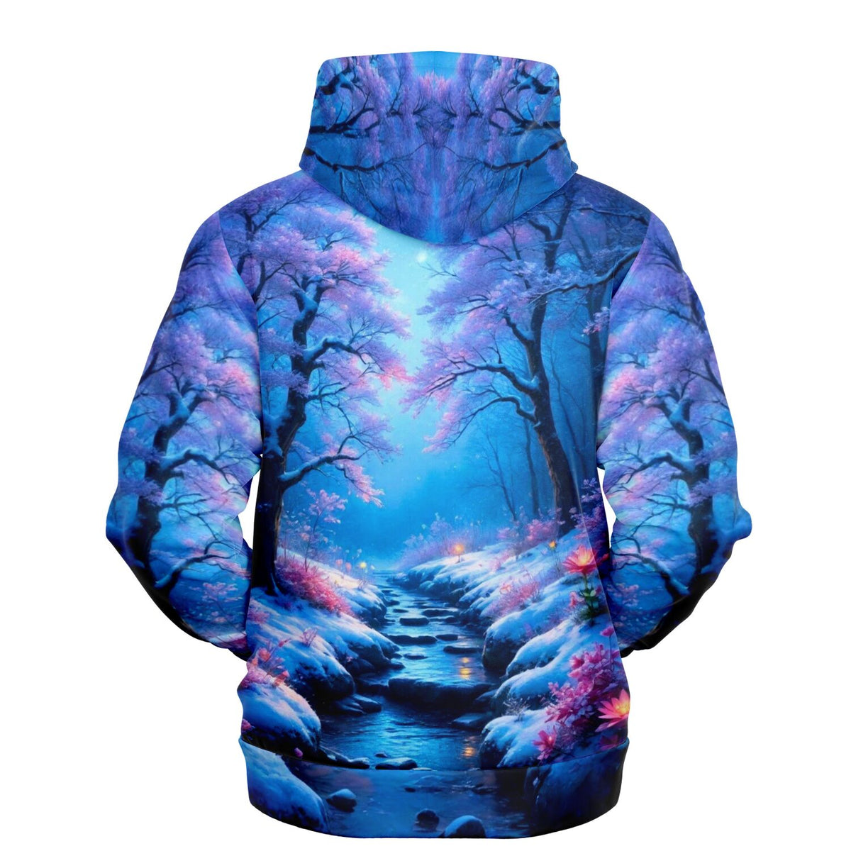 Dreamer Hoodie mit magischem Wald Motiv Fluss der Träume in Blau und Pink, ideal für Fans von Malen nach Zahlen Kunst