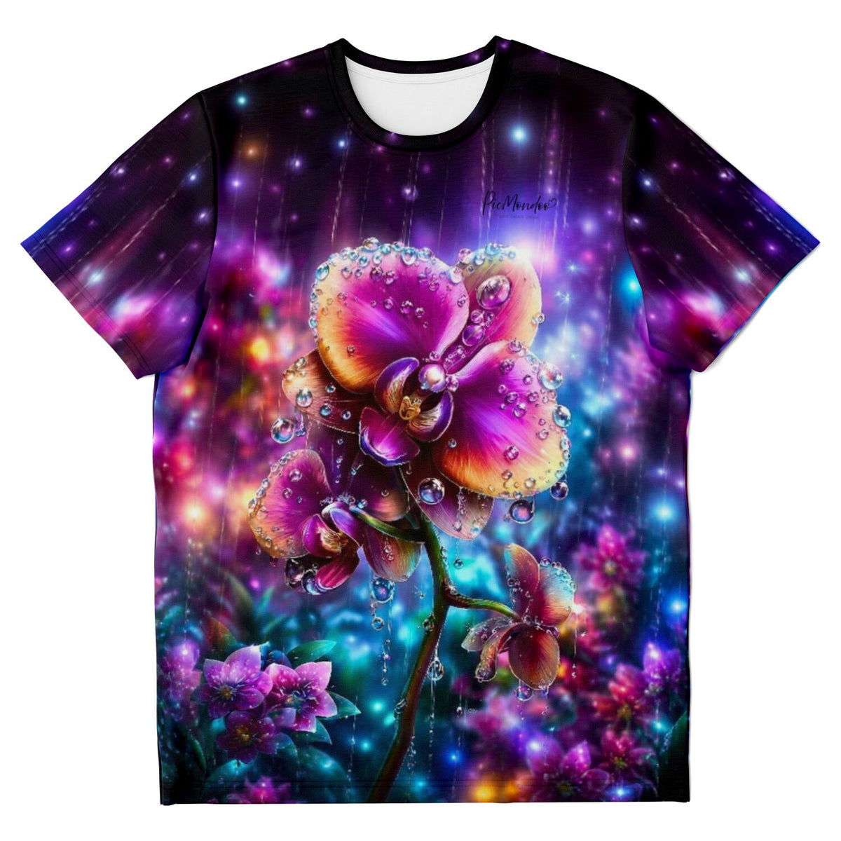 T-Shirt mit buntem Orchideen-Motiv im Diamond Painting Stil, leuchtende Farben und Wassertropfen auf schwarzem Hintergrund.