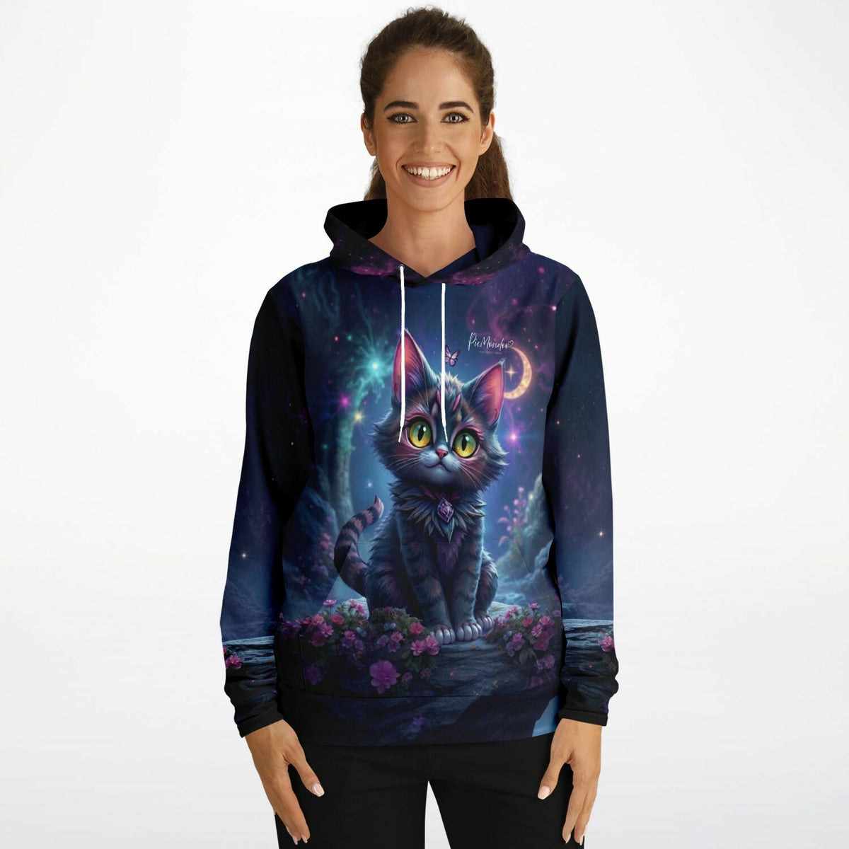Dreamer Hoodie Night Cat mit magischem Katzen-Motiv in leuchtenden Farben, inspiriert von Diamond Painting Kunst