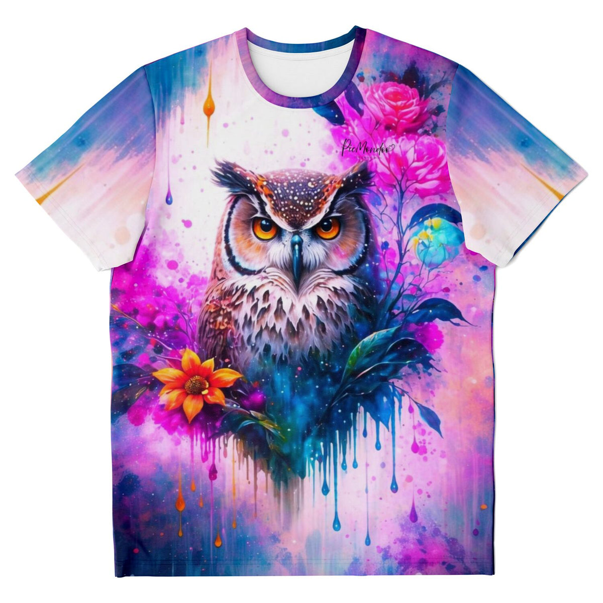 T-Shirt mit buntem Eulen-Motiv im Aquarell-Stil, passend zu Diamond Painting und Malen nach Zahlen Designs von Picmondoo