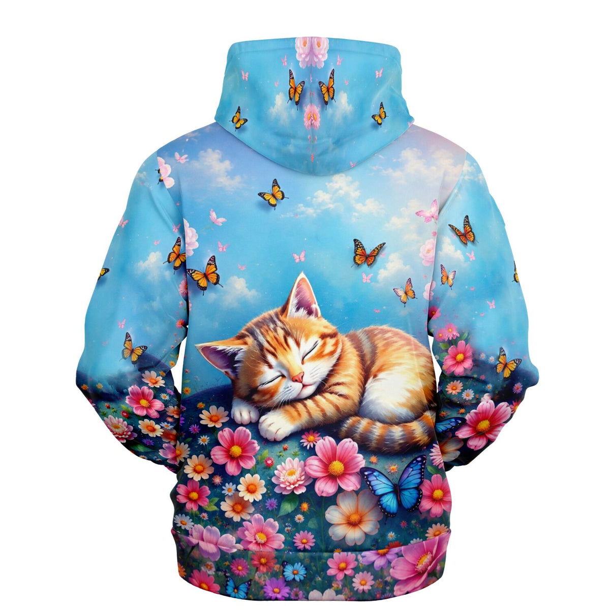 Dreamer Hoodie mit Motiv einer schlafenden Katze inmitten von bunten Blumen und Schmetterlingen in leuchtenden Farben.