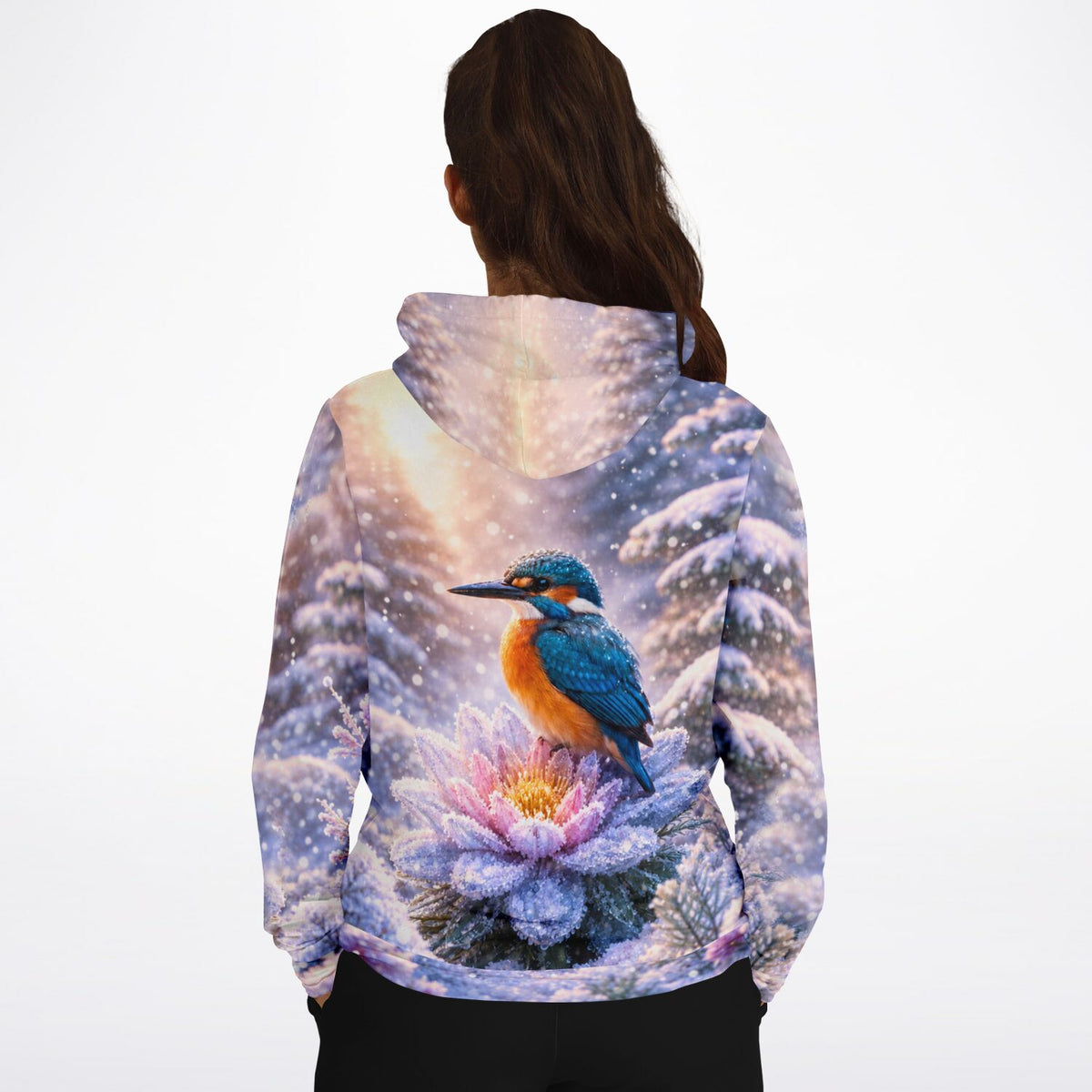 Dreamer Hoodie mit Eisvogel auf frostiger Blume Motiv, ideal für Fans von Malen nach Zahlen und Diamond Painting