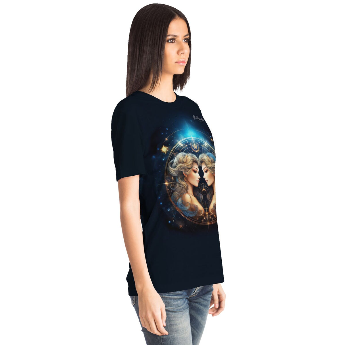 Schwarzes Dreamer T-Shirt mit Sternzeichen Zwilling Motiv im Stil eines Diamond Painting Kunstwerks