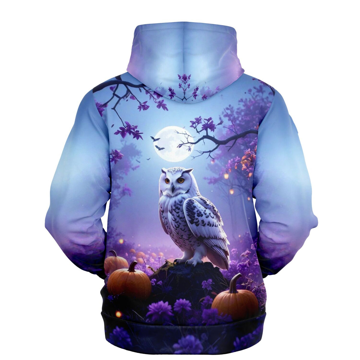 Dreamer Hoodie Nachtwächter mit Eulen Motiv, Vollmond und Kürbissen im mystischen Wald, hochwertiger AOP Druck