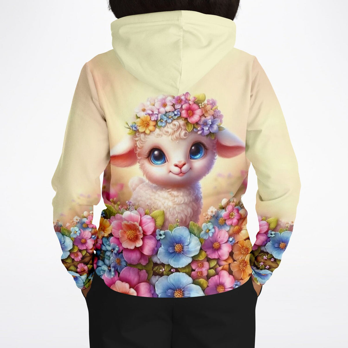 Dreamer Hoodie mit süßem Osterlämmchen Lupina Motiv zwischen bunten Frühlingsblumen, perfekt für DIY- und Hobby-Fans