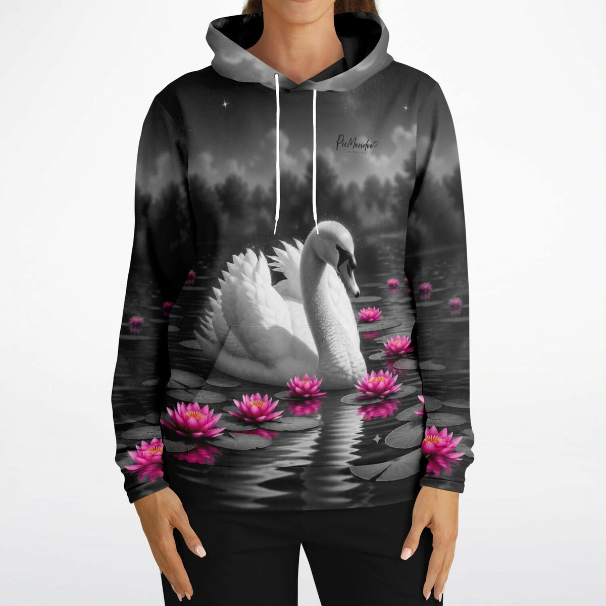 Schwarzer Picmondoo Dreamer Hoodie mit Schwan und Seerosen Motiv im Diamond Painting Stil