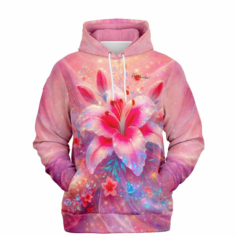 Dreamer Hoodie mit zartem Lilien-Motiv in Rosé – hochwertiger Full-Print Fashion Hoodie für DIY-Fans