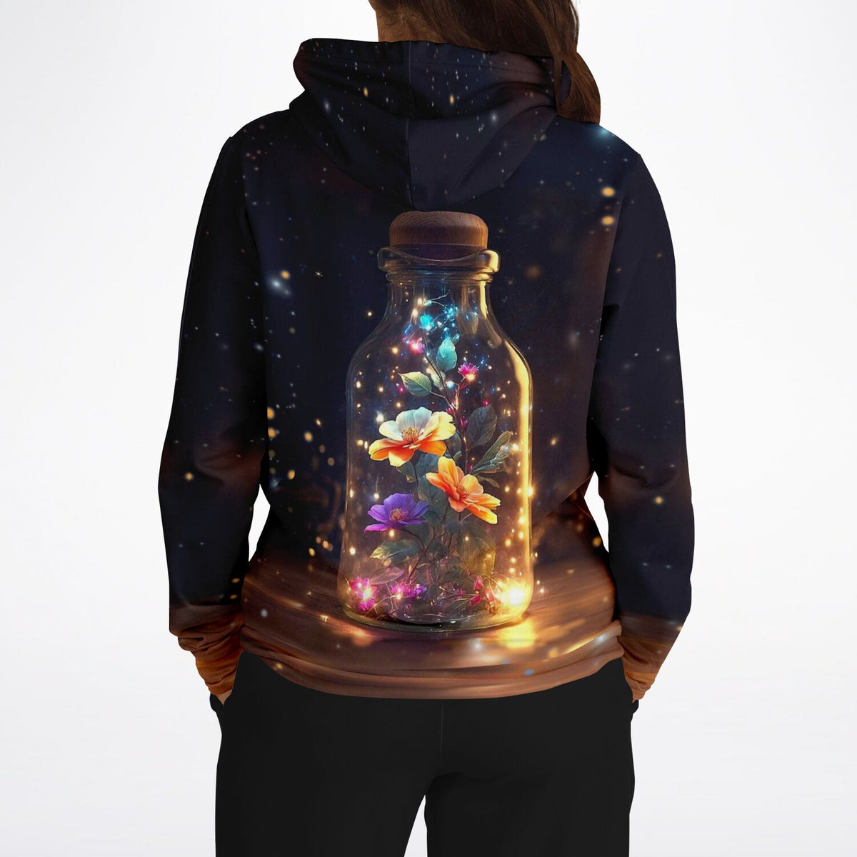 Dreamer Hoodie mit Leuchtender Blütenzauber Motiv, detailreicher Aufdruck einer leuchtenden Blumen-Flasche für Kunst-Fans
