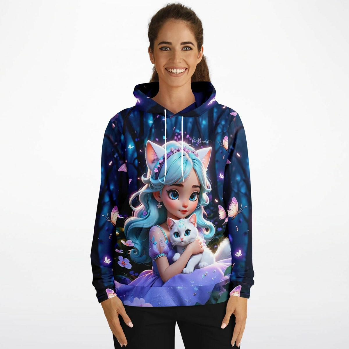 Frau trägt Hoodie mit Kim Kitty Girl Motiv, ideal für Fans von Diamond Painting und kreativen Malen nach Zahlen Designs.