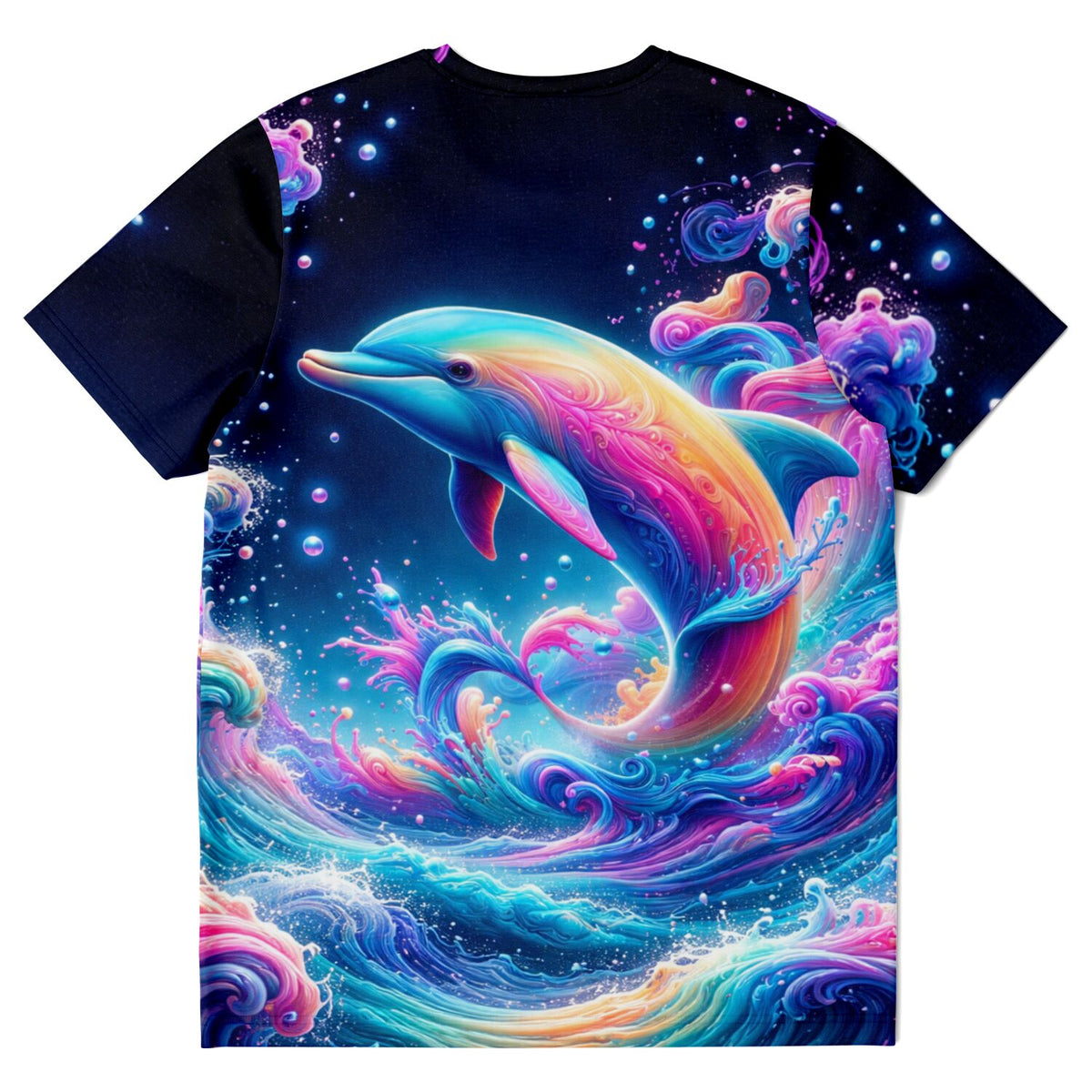 T-Shirt mit buntem Delfin-Motiv im Farbenmeer, ideal für Fans von Diamond Painting und Malen nach Zahlen Kunstwerken.