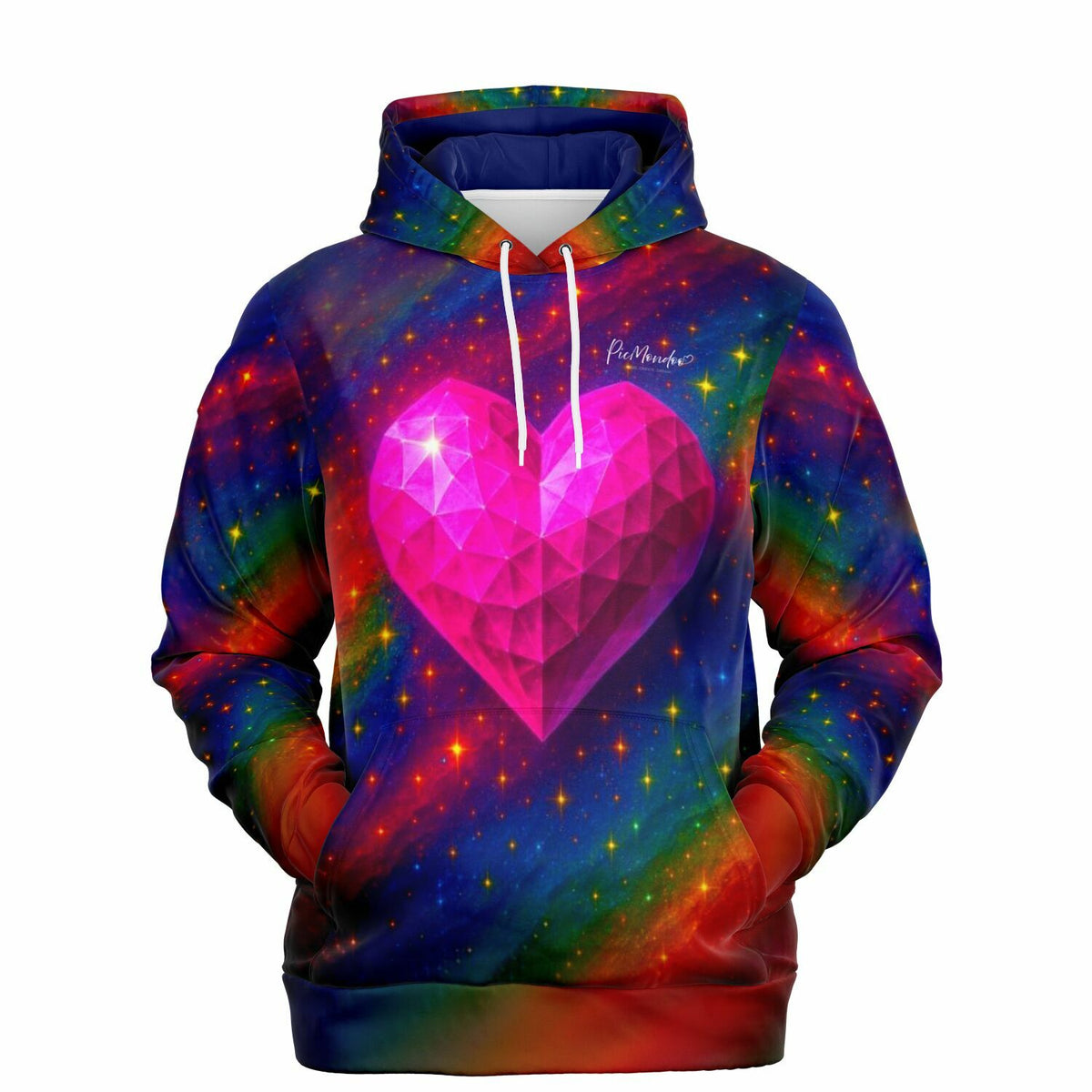 Dreamer Hoodie mit farbenfrohem Galaxie-Design und leuchtendem Herzkristall im Stile von Diamond Painting Kunst