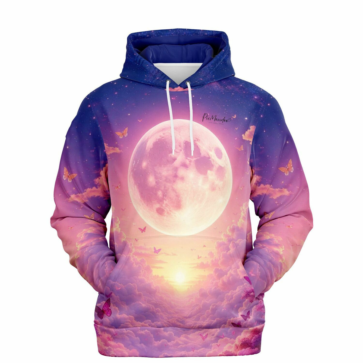 Dreamer Hoodie Wolkenreich mit Vollmond und Schmetterlingen im All-Over-Print Design für Fans von Diamond Painting