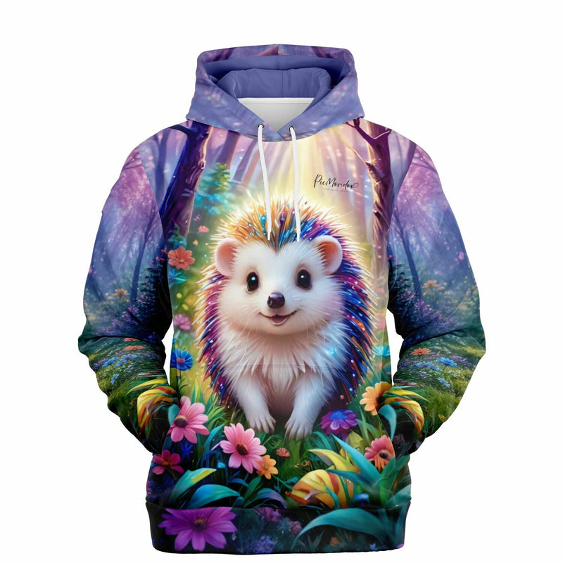 Dreamer Hoodie von Picmondoo mit buntem Igel-Motiv im Märchenwald, inspiriert von Diamond Painting und Malen nach Zahlen