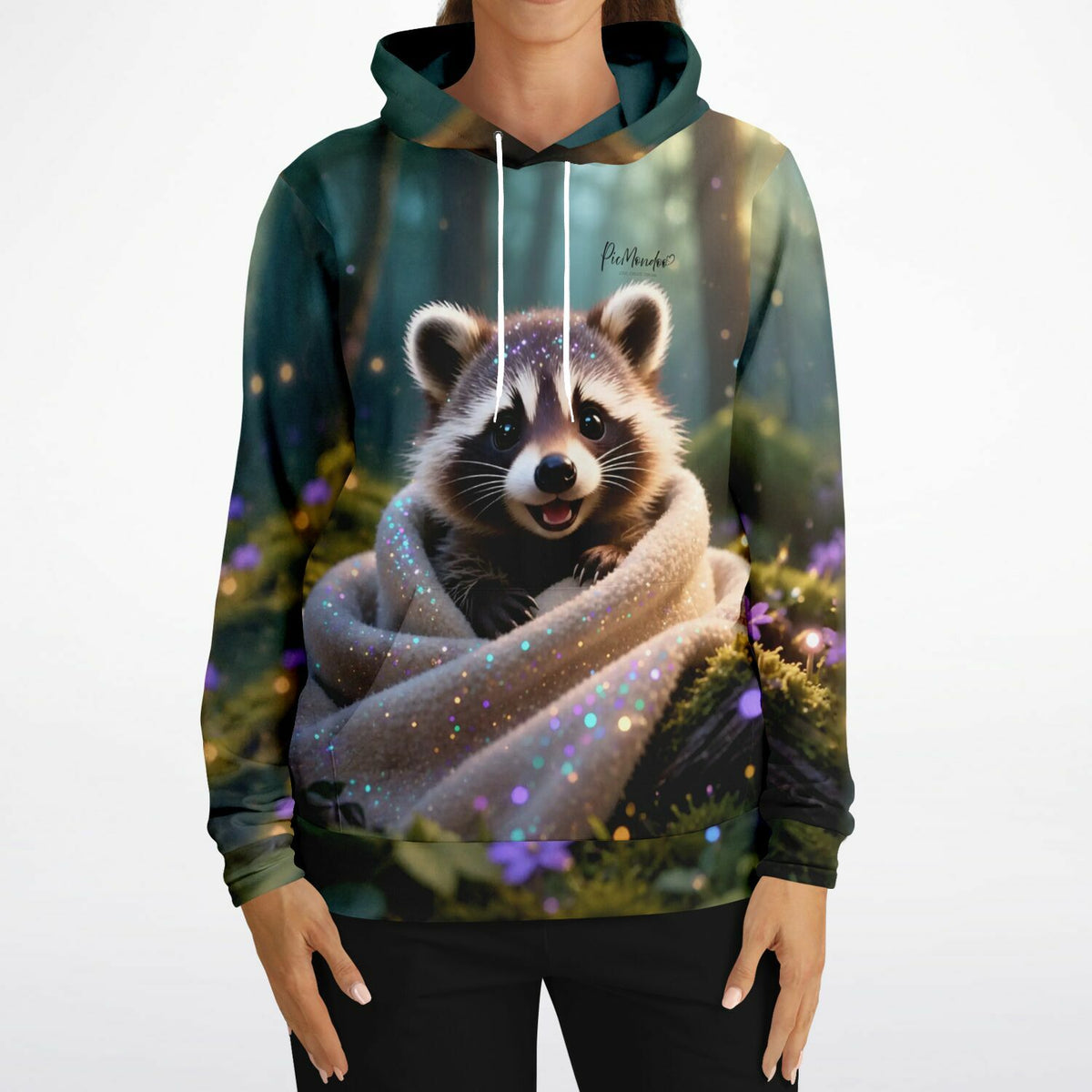 Dreamer Hoodie mit niedlichem Waschbär Motiv, inspiriert von Diamond Painting Glitzer-Optik und Wald-Design