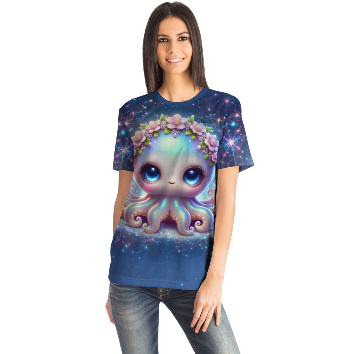Frau trägt blaues T-Shirt mit süßem Oktopus-Motiv aus unseren Diamond Painting und Malen nach Zahlen Kollektionen