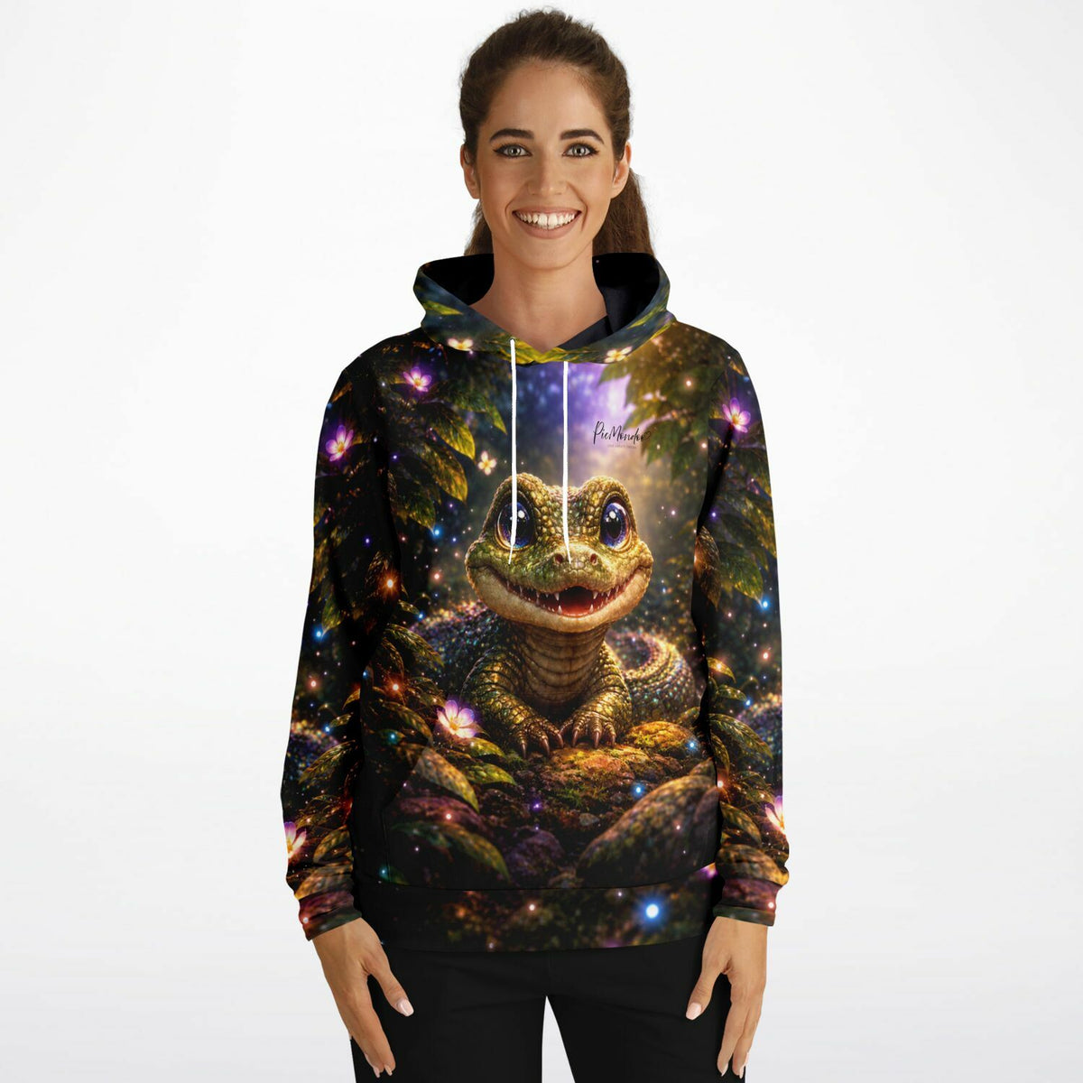 Frau trägt Dreamer Hoodie mit Motiv Uraltes Lächeln, ideal für Fans von Diamond Painting und Malen nach Zahlen Designs.