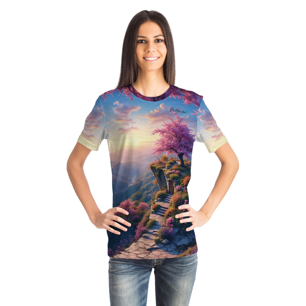 Frau trägt Dreamer T-Shirt mit Morgendämmerung Motiv, inspiriert durch Diamond Painting und Malen nach Zahlen Designs.