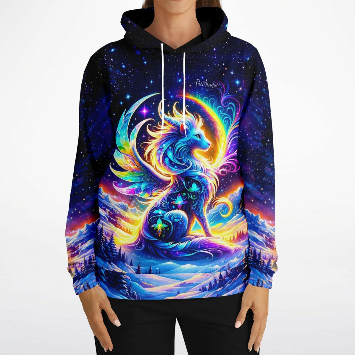 Dreamer Hoodie Monja mit buntem Fantasy-Tier Motiv, inspiriert von Diamond Painting Kunst in leuchtenden Regenbogenfarben.
