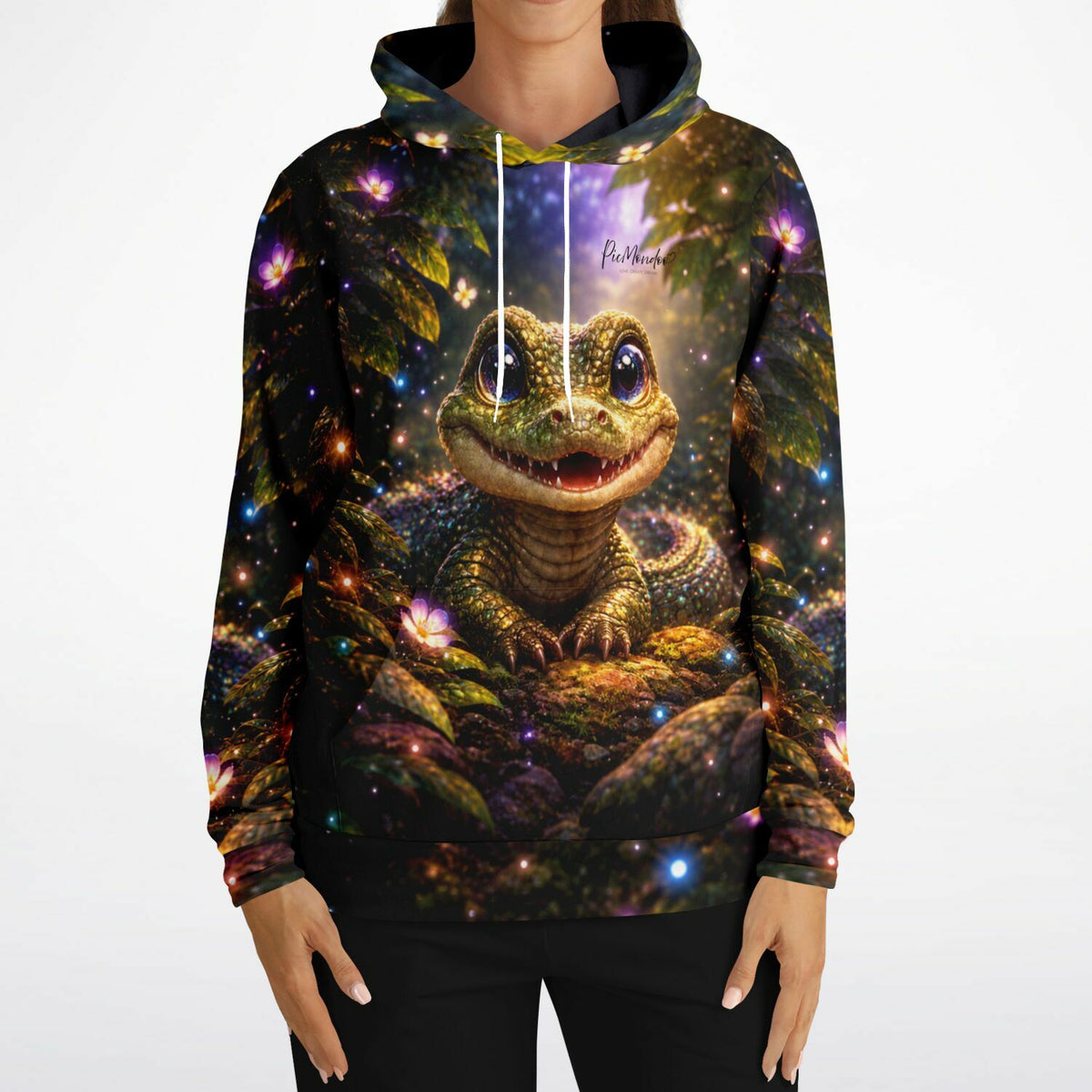 Dreamer Hoodie Uraltes Lächeln mit niedlichem Krokodil-Motiv in magischem Wald-Design, passend zu Diamond Painting Art.