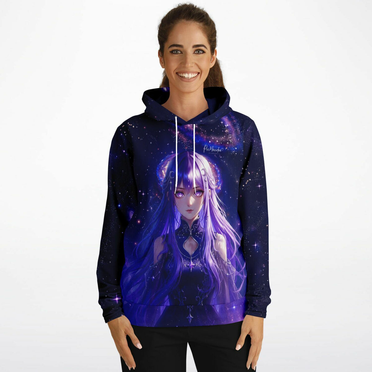Frau trägt Hoodie mit lila Anime-Sternenhimmel-Print, passend zum Stil von unseren Diamond Painting & Malen nach Zahlen Sets