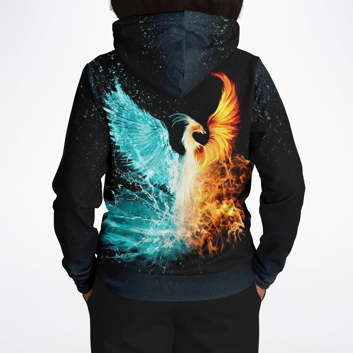 Schwarzer Dreamer Hoodie mit Phönix-Motiv aus Feuer und Wasser, ideal für Kunst- und Diamond Painting Fans.