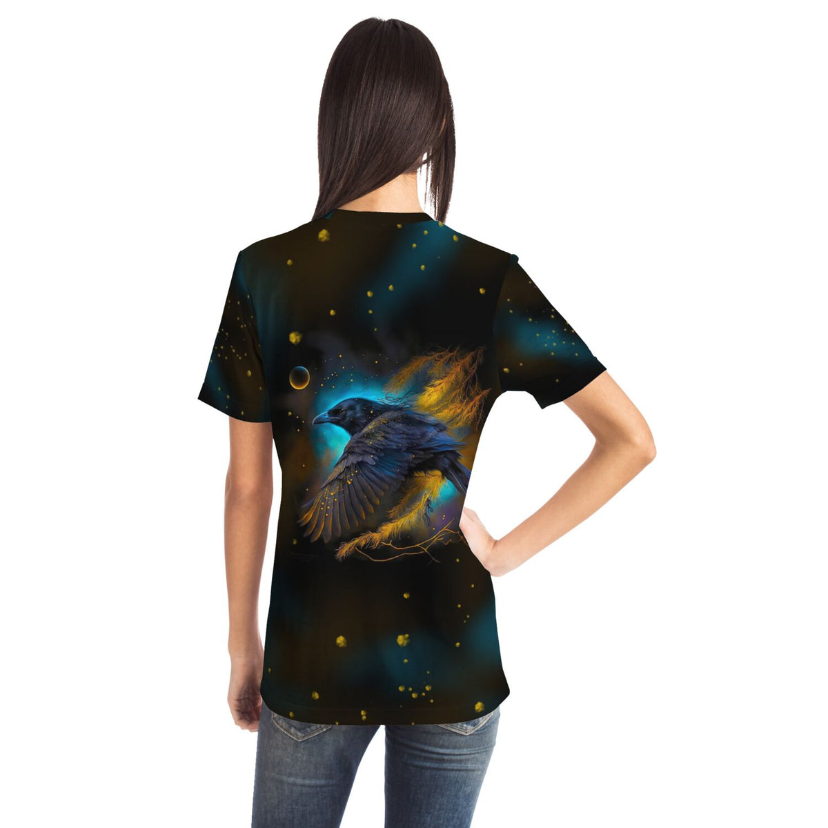 T-Shirt mit Hexenrabe Motiv im mystischen Galaxy-Stil als Inspiration für Diamond Painting oder Malen nach Zahlen