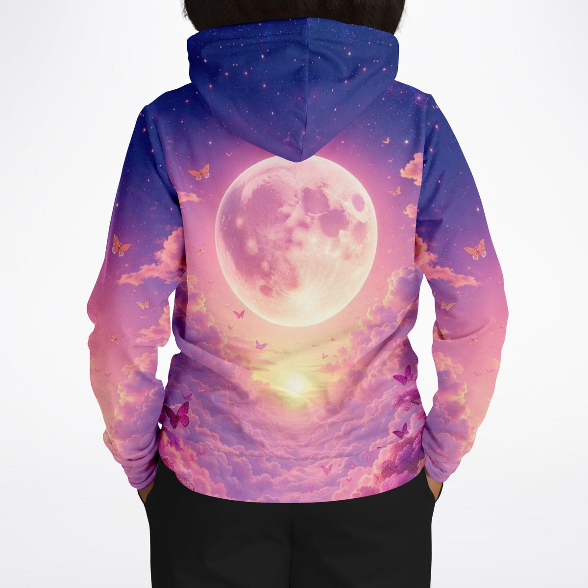 Dreamer Hoodie Wolkenreich mit Vollmond, pinken Wolken und Schmetterlingen im All-Over-Print Design für Kunst-Fans