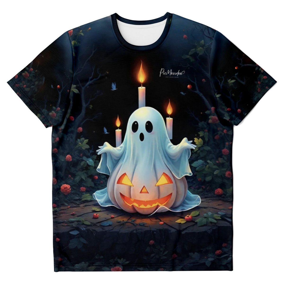 T-Shirt mit süßem Geist und Kürbis im dunklen Wald, passend zu den Motiven unserer Diamond Painting und Malen nach Zahlen Sets