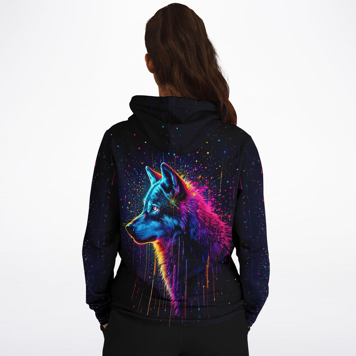 Schwarzer Hoodie mit buntem Wolf-Motiv im Stil von Malen nach Zahlen und Diamond Painting Kunst-Designs