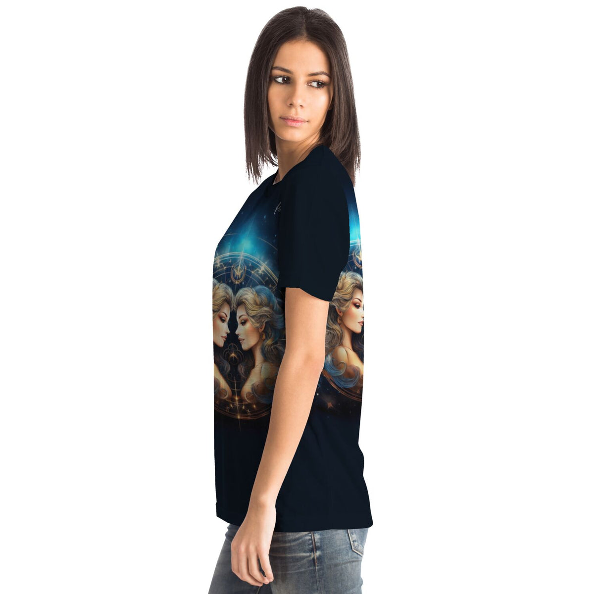 Schwarzes T-Shirt mit Sternzeichen Zwilling Motiv im magischen Design für Fans von Diamond Painting und DIY-Kunst.