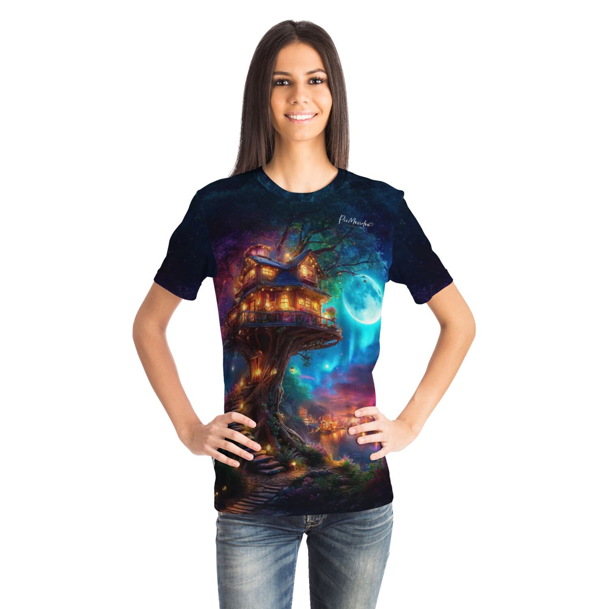Frau trägt Dreamer T-Shirt mit Sternhafen-Motiv im Stil unserer Diamond Painting Sets für Erwachsene