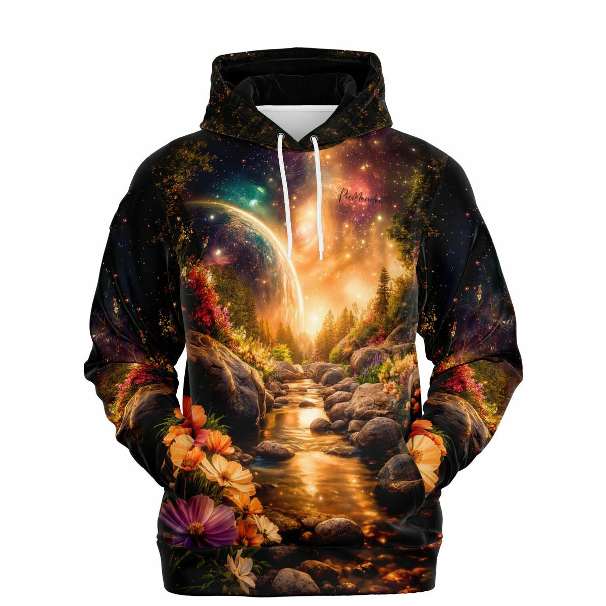 Dreamer Hoodie mit Galaxie-Landschaft, glitzernder Fluss-Szenerie und Blumen – inspiriert von Diamond Painting Motiven