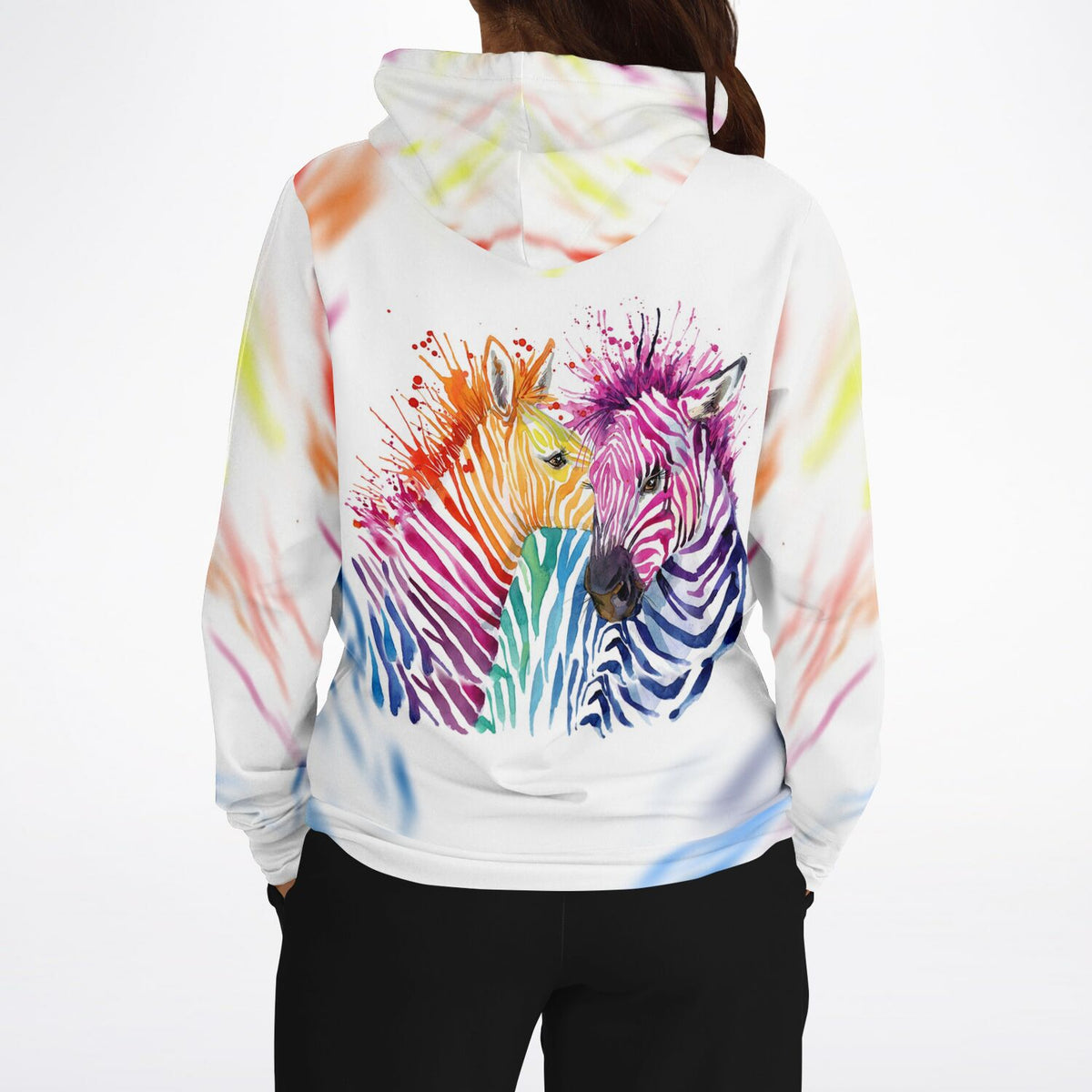 Hoodie mit buntem Zebra-Print im Aquarell-Stil, passend zum künstlerischen Look unserer Diamond Painting Sets.