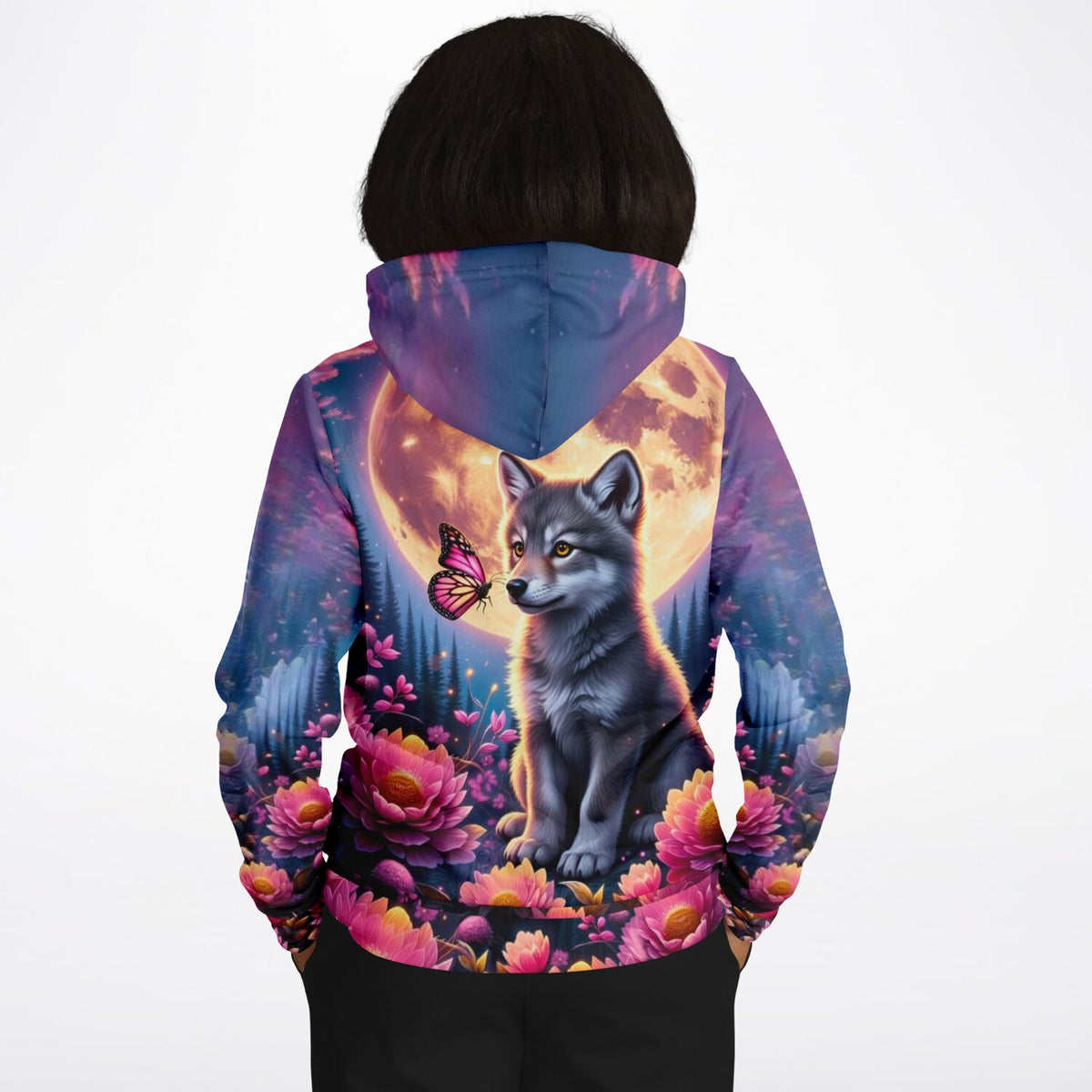 Dreamer Hoodie mit Wolf, Schmetterling und Vollmond Motiv in leuchtenden Farben wie beim Diamond Painting