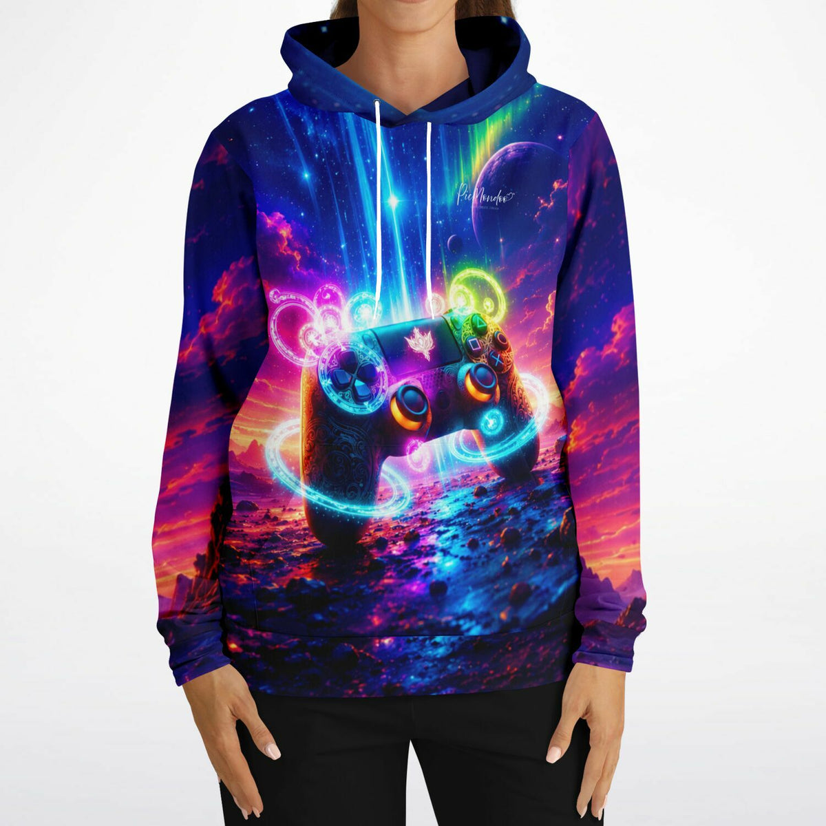 Dreamer Hoodie mit farbenfrohem Gaming-Controller Motiv, galaktischem Hintergrund und neonfarbenen Lichteffekten